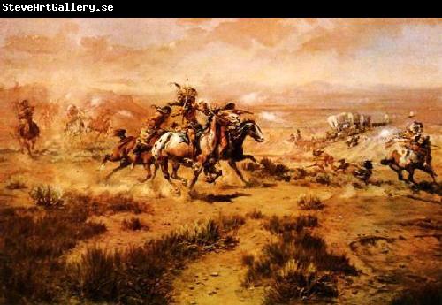 Charles M Russell The Attack on the Wagon Train